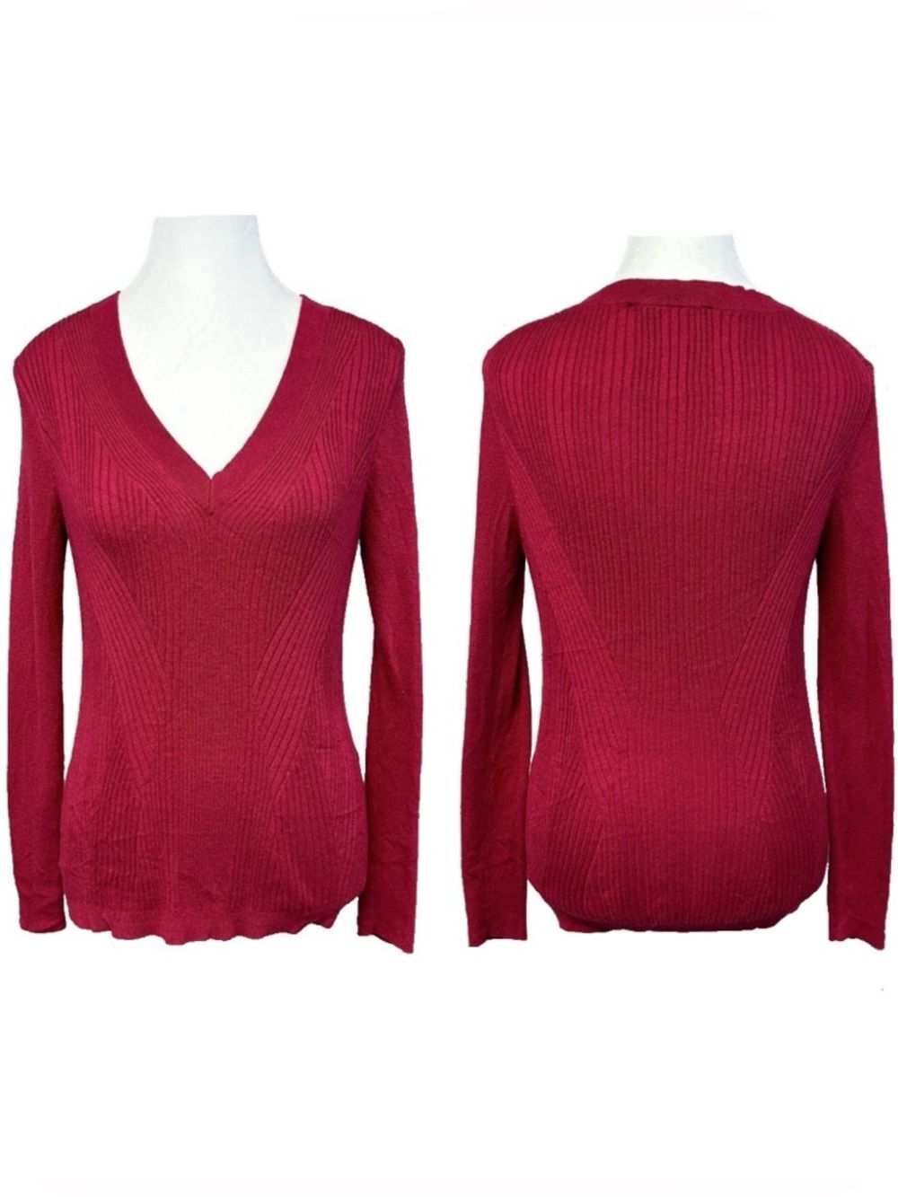 WHBM Red Ribbed Cashmere Blend V Neck Long Sleeve Luxury Soft Office Large READ*